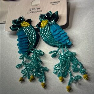 NWT SFERA Beaded Tropical Bird Statement Earrings - Teal & Gold